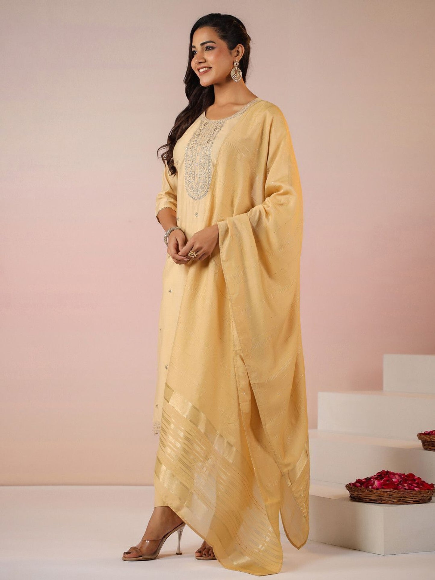 Women Chanderi Embroidered Straight Kurta Set with Dupatta