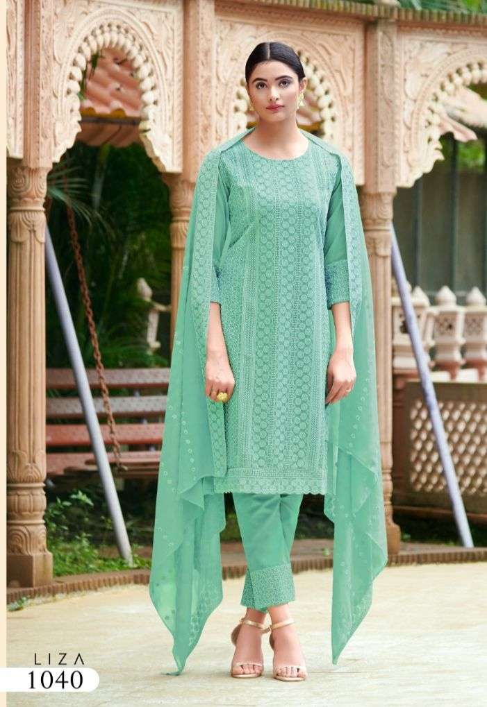 Mint Green Heavy Schiffli Georgette Kurti Set with Dupatta | Stitched Suit
