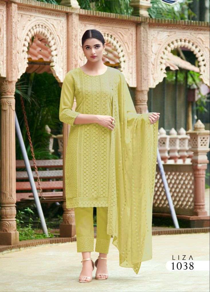 Lime‑yellow heavy Schiffli georgette kurti set with straight silhouette, round neck, 3/4 sleeves, crepe bottom with payal work, and matching georgette Schiffli dupatta