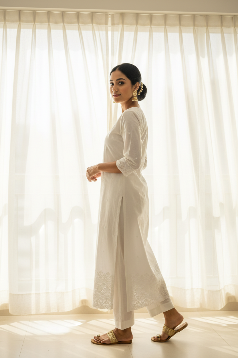 White chikankari kurti Indian model walking editorial pose - RAE Trends