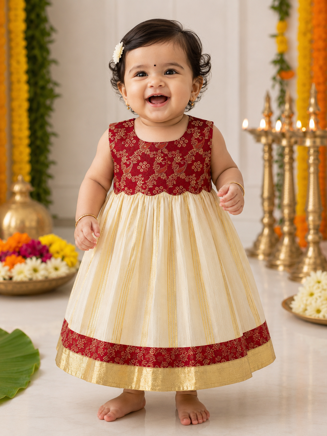 Baby girl wearing off white cotton Kerala Kasavu frock with red floral print bodice and gold zari border – Onam festival ethnic wear by RAE Trends