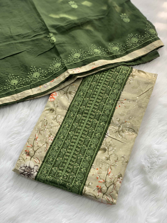 Embroidered Patch Work Neck Floral Printed Cotton Suit Set