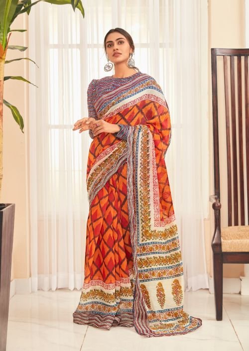 Orange Hand Block Print Cotton Saree