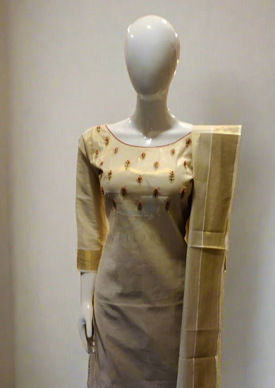 Women's Kerala Traditional Handwork with Red Beads Gold Tissue Ready made Salwar