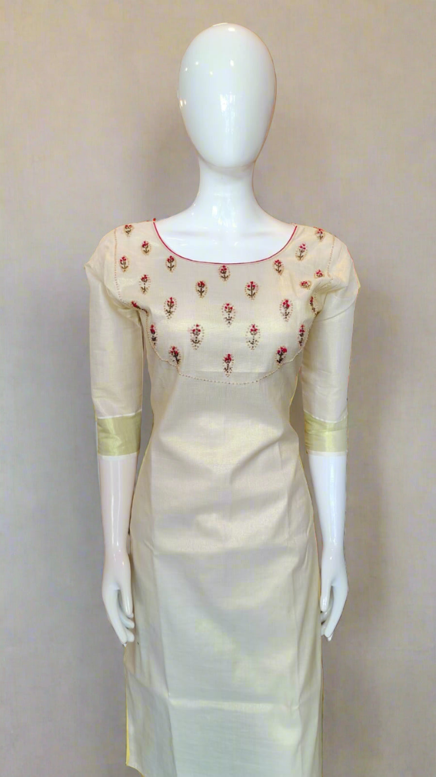 Women's Kerala Traditional Handwork with Red Beads Gold Tissue Ready made Salwar