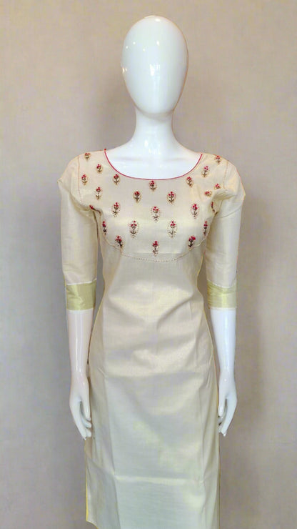 Women's Kerala Traditional Handwork with Red Beads Gold Tissue Ready made Salwar