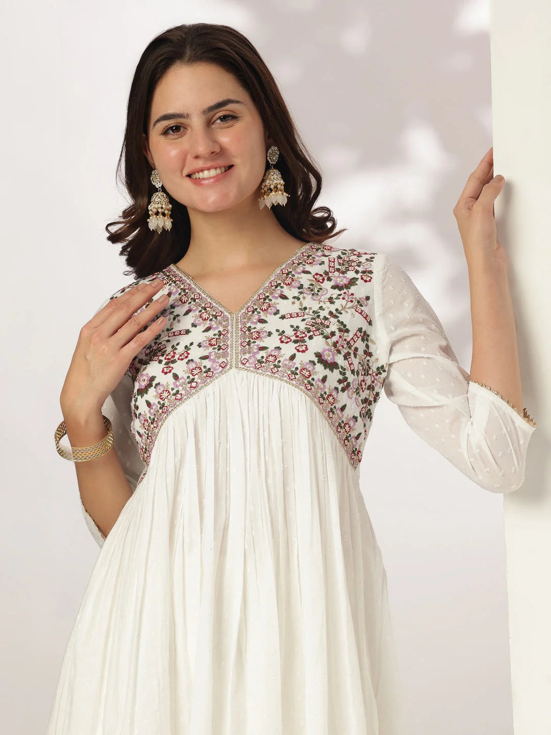 Women's White Dobby Pure Cotton Embroidered A-line Kurta
