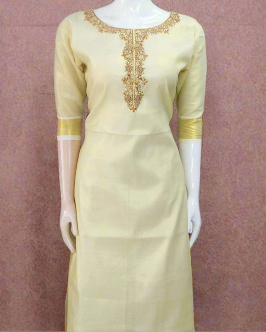 Women's Kerala Traditional Handwork Gold Tissue Kurti