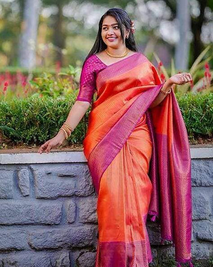 Pure Kanjivaram Jacquard Silk Kanchipuram Pattu Saree – Orange Pink Dual Tone Bridal & Festive Wear