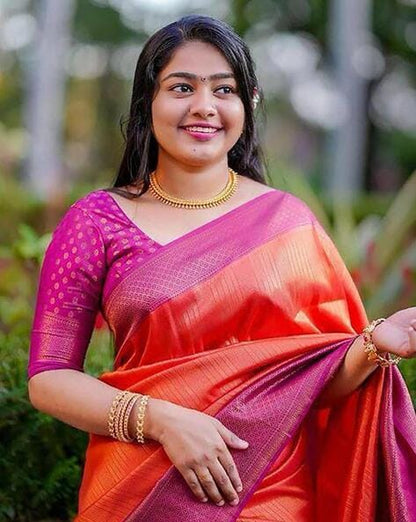 Pure Kanjivaram Jacquard Silk Kanchipuram Pattu Saree – Orange Pink Dual Tone Bridal & Festive Wear