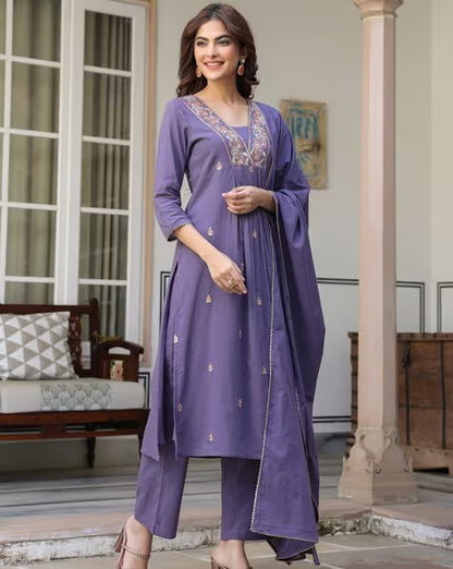 Women's Purple Pure Cotton Embroidered A-line Kurta Set