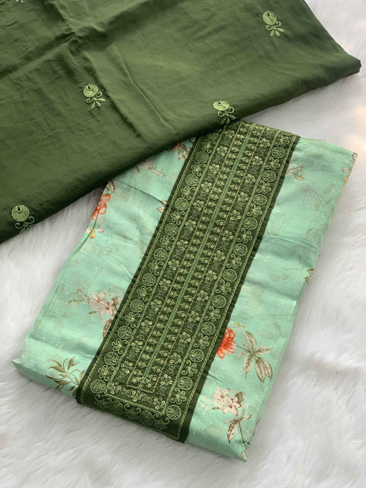 Green Patch Work Neck Floral Printed Cotton Suit Set