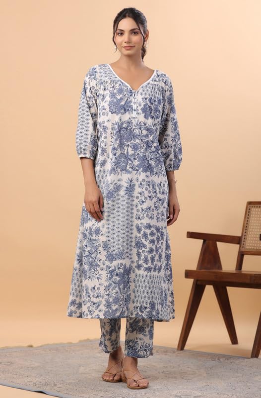 Women's Off White Cotton Tropical Regular Kurta Set