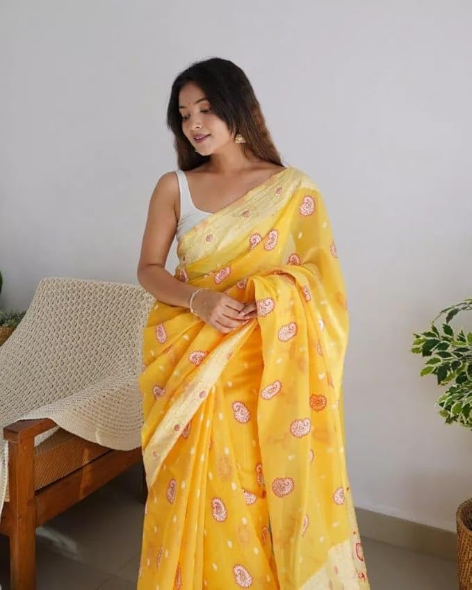 Women's Yellow Banarasi Kanjivaram Woven Silk Saree with Rich Jacquard Border – Festive & Wedding Wear