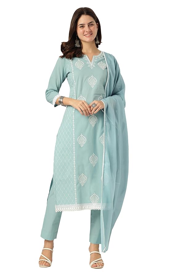 Women Light Blue Pure Cotton Embroidered Straight Kurta Set