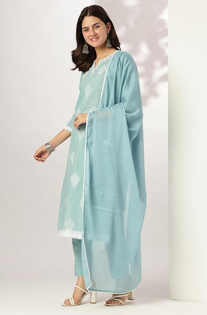 Women Light Blue Pure Cotton Embroidered Straight Kurta Set