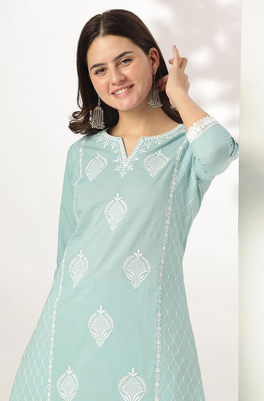 Women Light Blue Pure Cotton Embroidered Straight Kurta Set