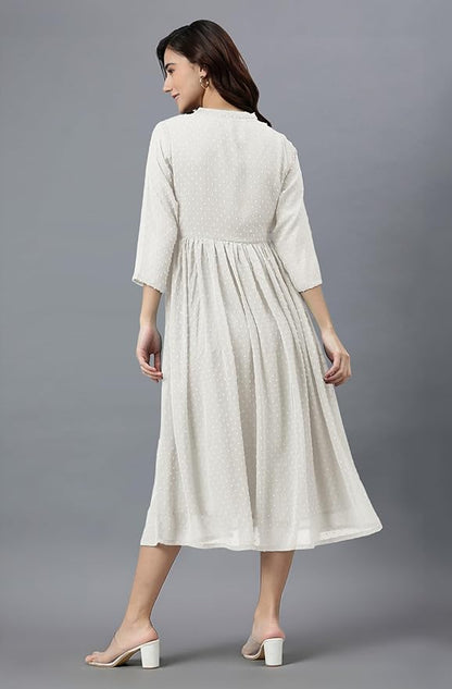 Women'S Dobby Chiffon Woven Design Flared Dress