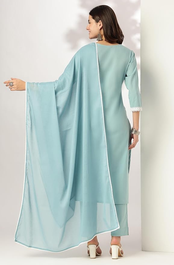 Women Light Blue Pure Cotton Embroidered Straight Kurta Set