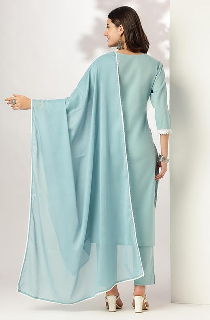 Women Light Blue Pure Cotton Embroidered Straight Kurta Set