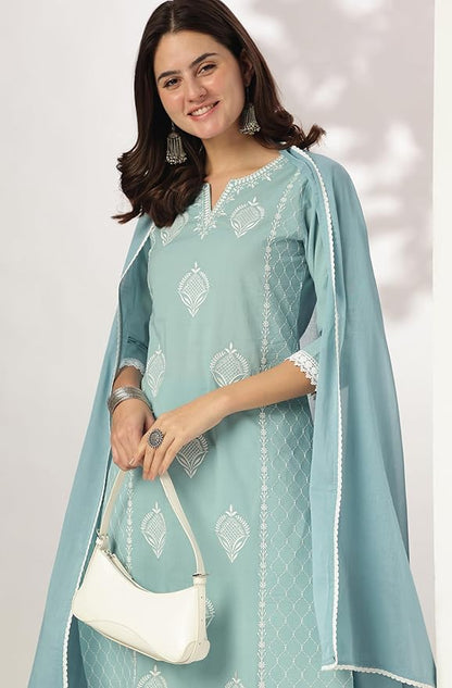 Women Light Blue Pure Cotton Embroidered Straight Kurta Set