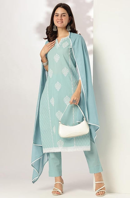 Women Light Blue Pure Cotton Embroidered Straight Kurta Set