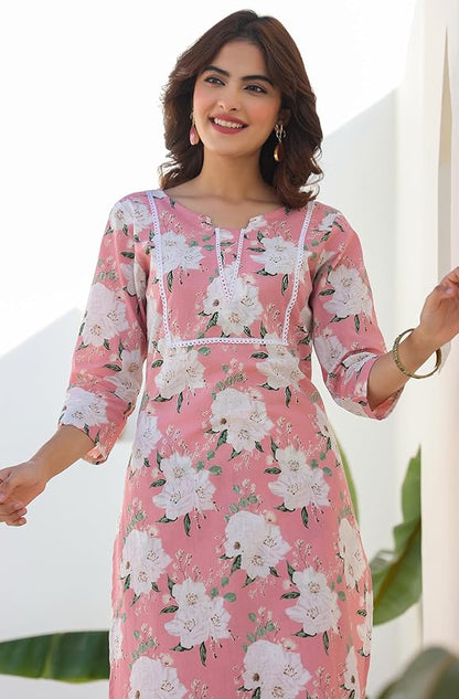 Women's Pure Cotton Floral Kurta & Pant Set Pink Color Trending Outfit