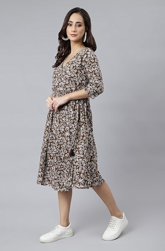 Women's Fit and Flare Calf Length Pure Cotton Floral Printed Angrakha Dress