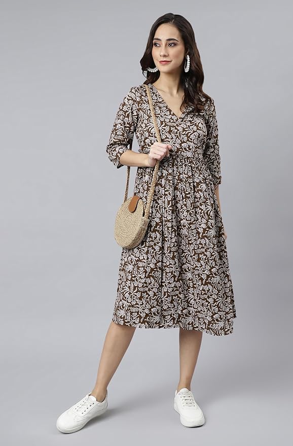 Women's Fit and Flare Calf Length Pure Cotton Floral Printed Angrakha Dress