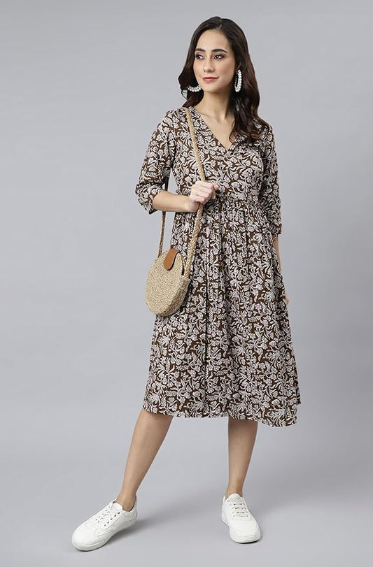 Women's Fit and Flare Calf Length Pure Cotton Floral Printed Angrakha Dress