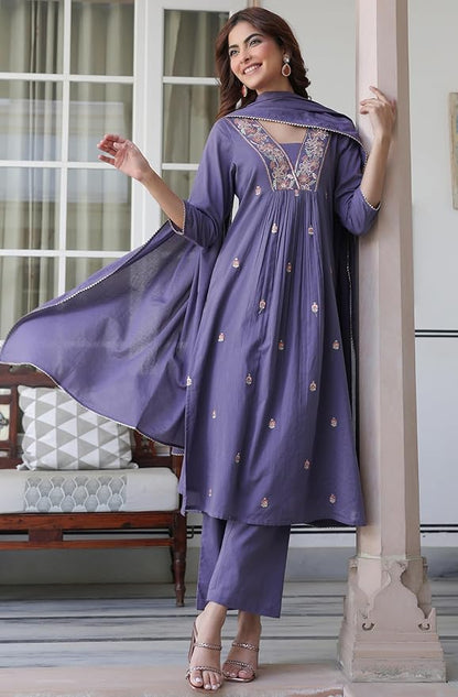 Women's Purple Pure Cotton Embroidered A-line Kurta Set
