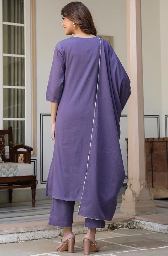 Women's Purple Pure Cotton Embroidered A-line Kurta Set
