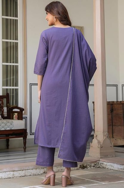 Women's Purple Pure Cotton Embroidered A-line Kurta Set