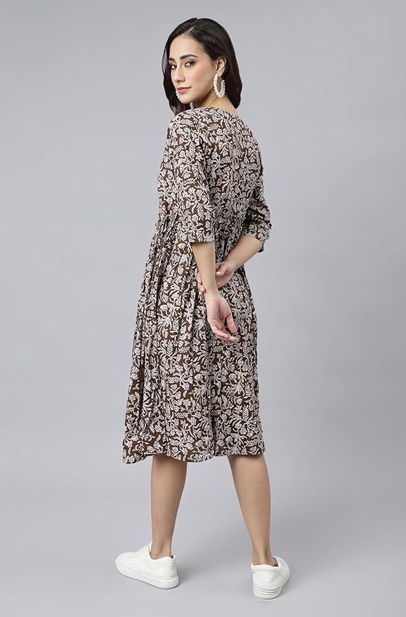 Women's Fit and Flare Calf Length Pure Cotton Floral Printed Angrakha Dress