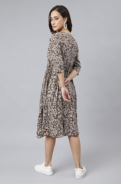 Women's Fit and Flare Calf Length Pure Cotton Floral Printed Angrakha Dress