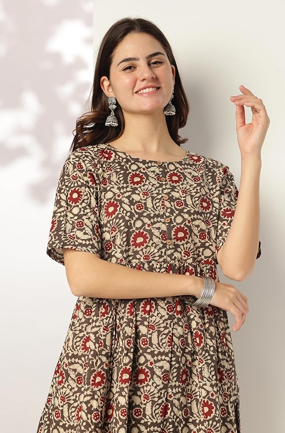 Women Brown Pure Cotton Floral Printed A-line Kurta Set