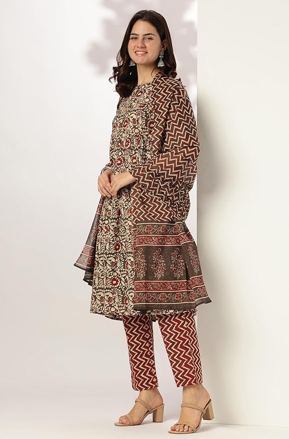 Women Brown Pure Cotton Floral Printed A-line Kurta Set