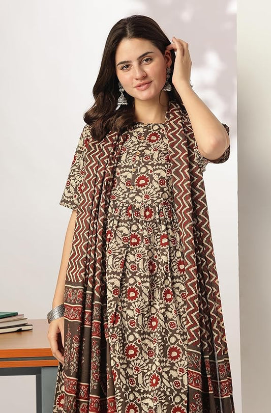 Women Brown Pure Cotton Floral Printed A-line Kurta Set
