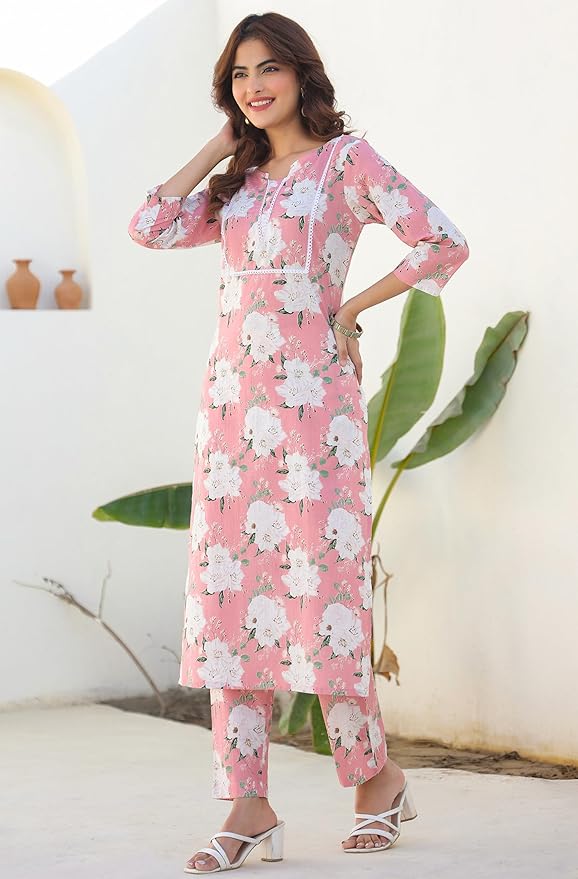 Women's Pure Cotton Floral Kurta & Pant Set Pink Color Trending Outfit