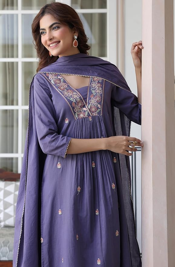 Women's Purple Pure Cotton Embroidered A-line Kurta Set