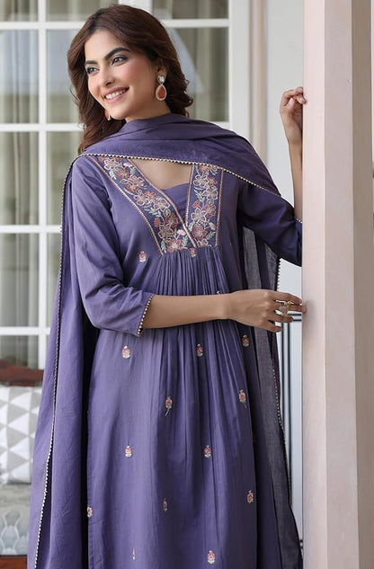 Women's Purple Pure Cotton Embroidered A-line Kurta Set