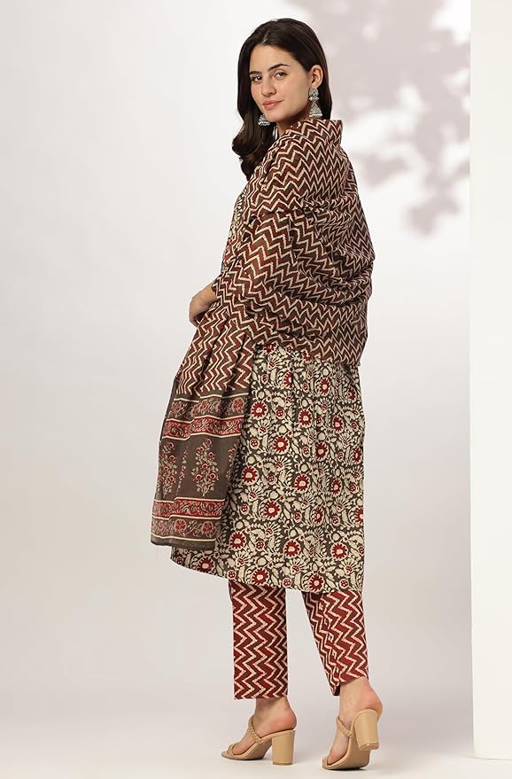 Women Brown Pure Cotton Floral Printed A-line Kurta Set
