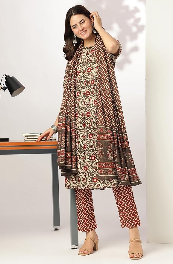 Women Brown Pure Cotton Floral Printed A-line Kurta Set