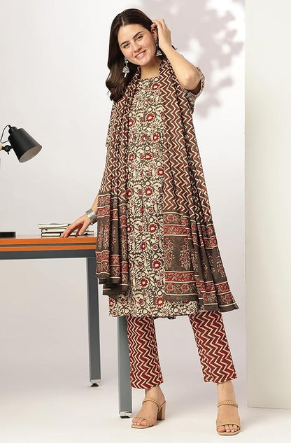 Women Brown Pure Cotton Floral Printed A-line Kurta Set