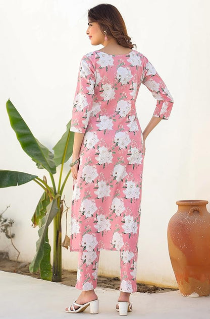 Women's Pure Cotton Floral Kurta & Pant Set Pink Color Trending Outfit