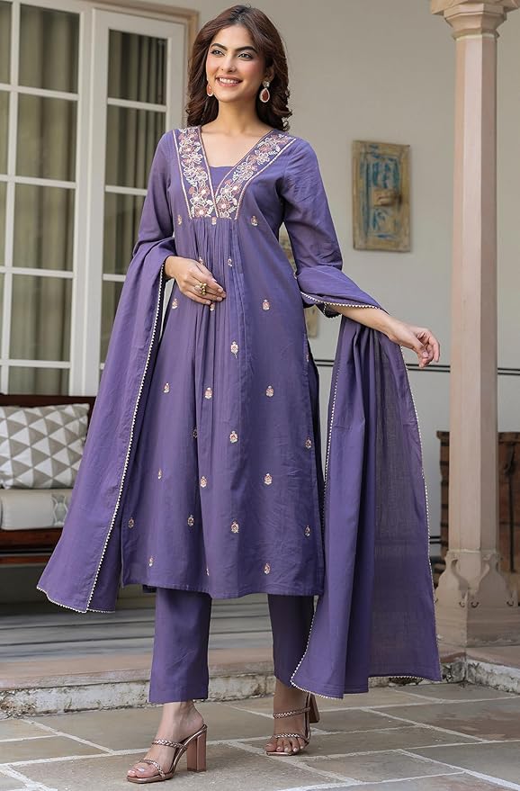 Women's Purple Pure Cotton Embroidered A-line Kurta Set