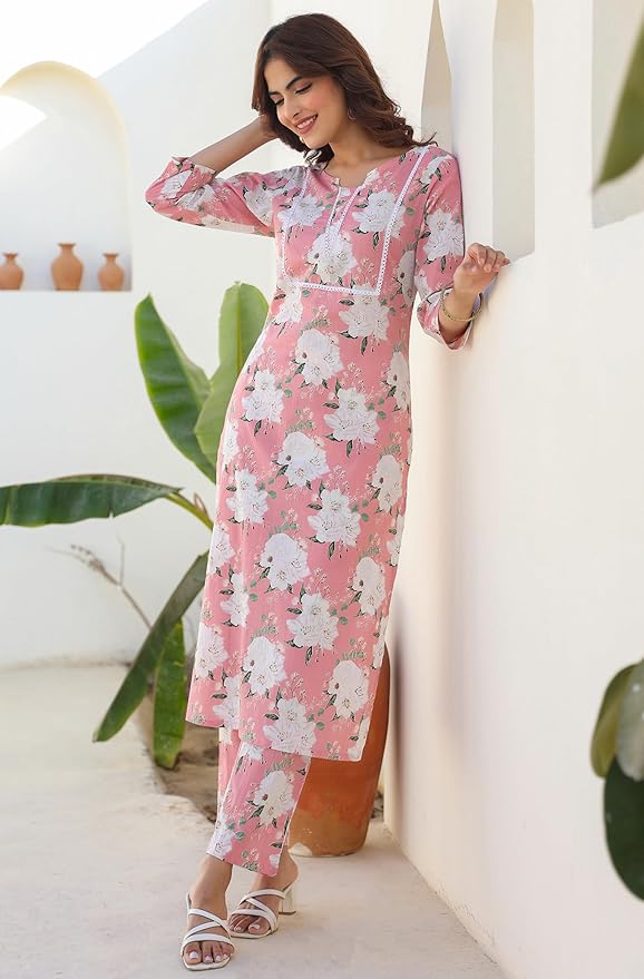Women's Pure Cotton Floral Kurta & Pant Set Pink Color Trending Outfit