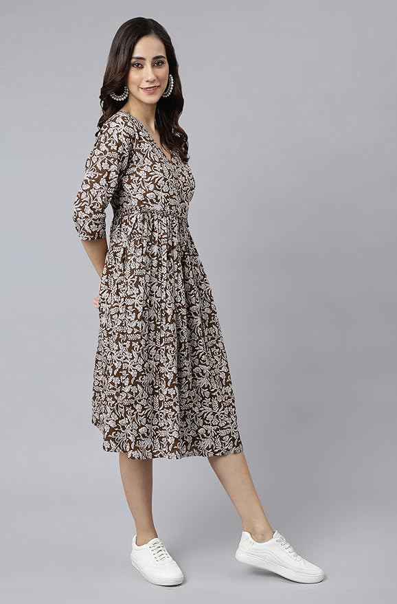 Women's Fit and Flare Calf Length Pure Cotton Floral Printed Angrakha Dress