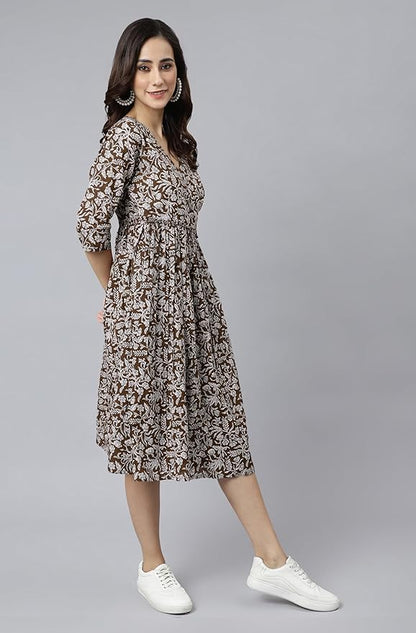 Women's Fit and Flare Calf Length Pure Cotton Floral Printed Angrakha Dress
