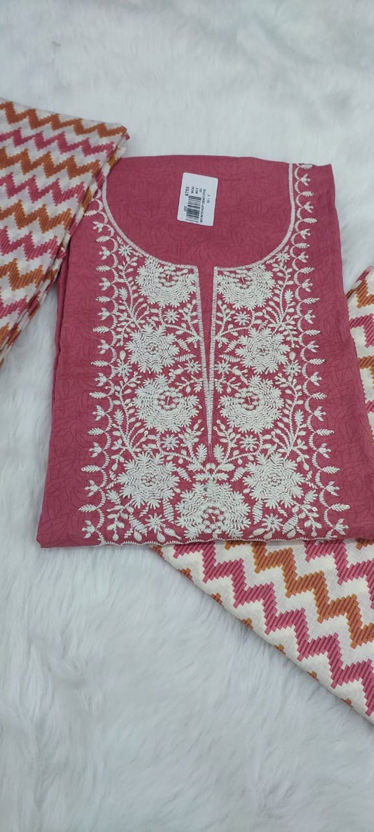 Pink Thread Embroidery Floral Work with Digital Print Cotton suit Set